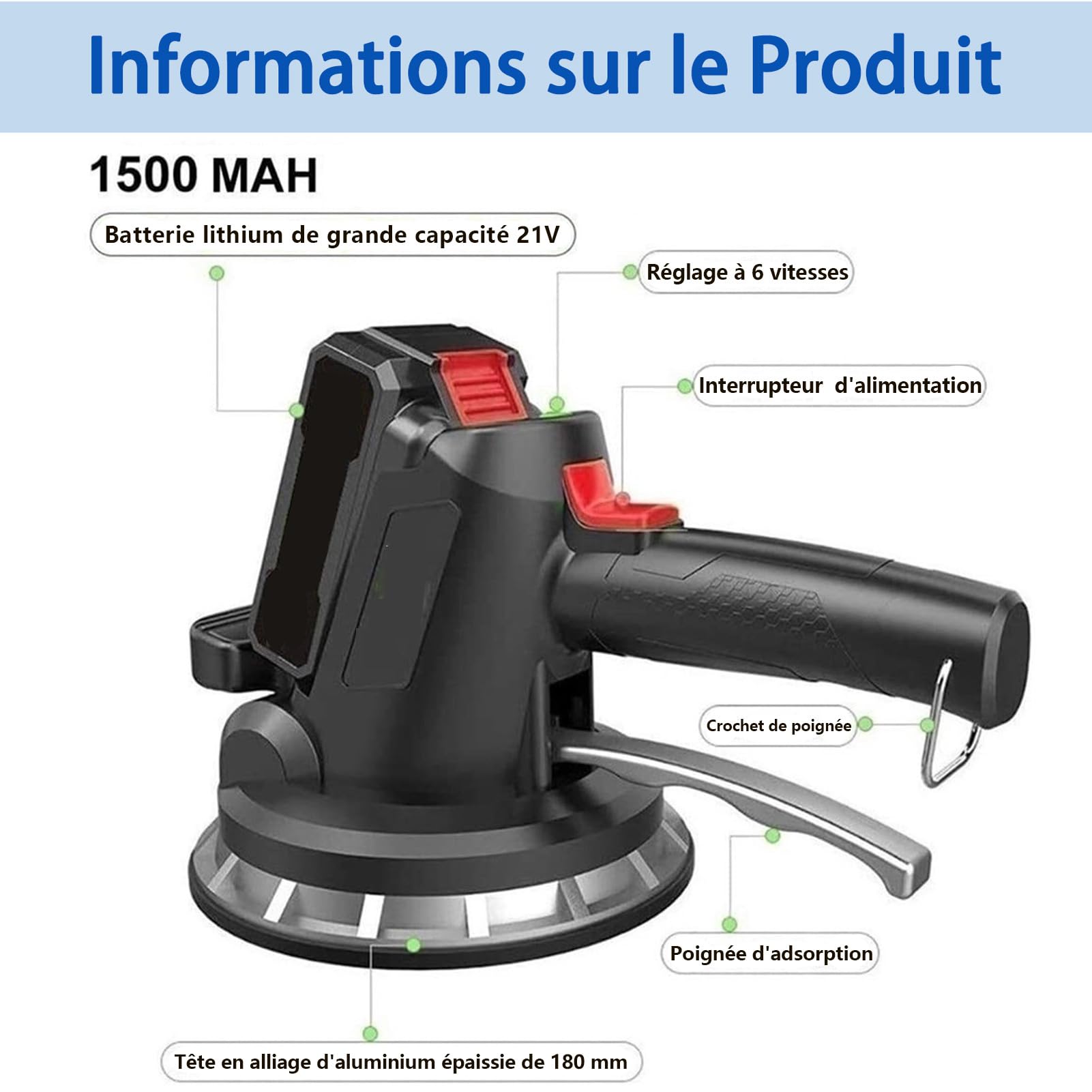 Machine Vibrante Carrelage électrique: 6 Vitesses Réglable Capacité de Charge Élevée Vibreur de Carrelage avec Ventouse Puissante de 18 cm Outils Utilitaires pour la Maison (2*Battery)
