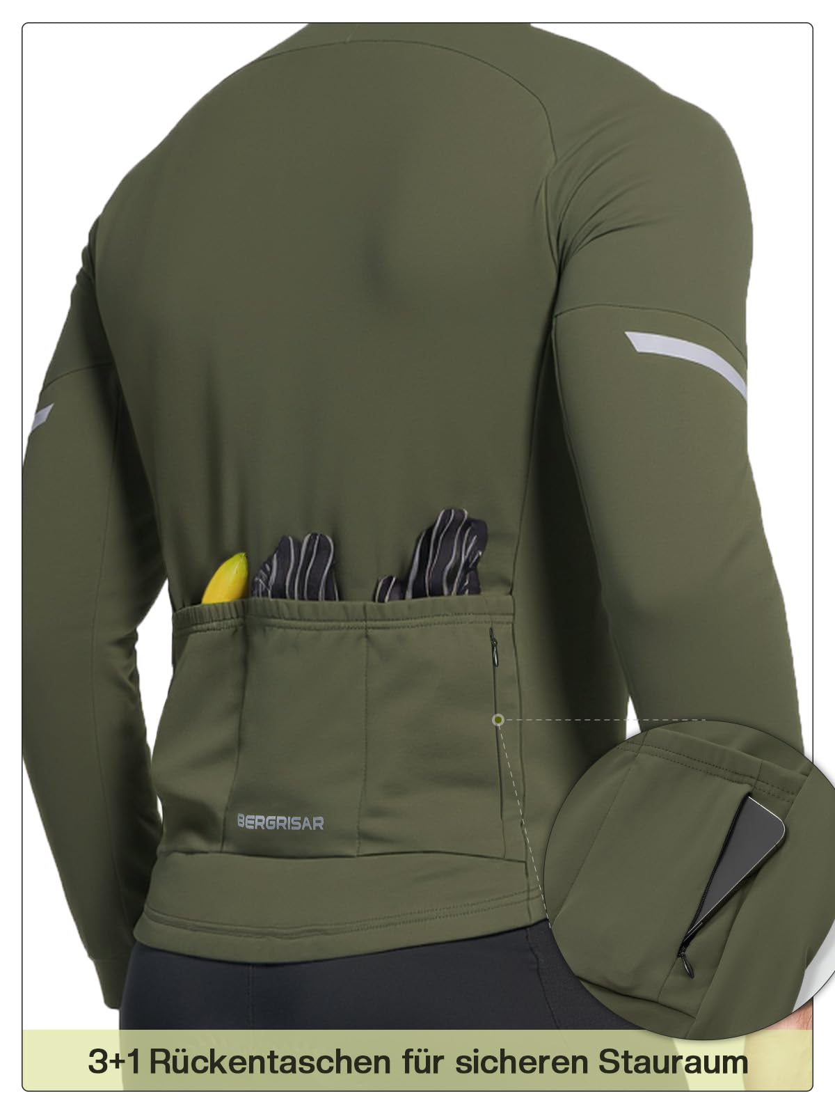 BERGRISAR Maillot de ciclismo de forro polar para hombre, manga larga, para otoño e invierno, térmico, elástico