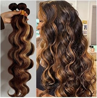 Hair Bundles 8-32 Inch Body Wave Hair Bundles 3 Pcs Brazilian Human Hair Bundles, Highlight P4/27 Honey Brown Remy Hair Extensions Human Hair Extensions(28 28 28)