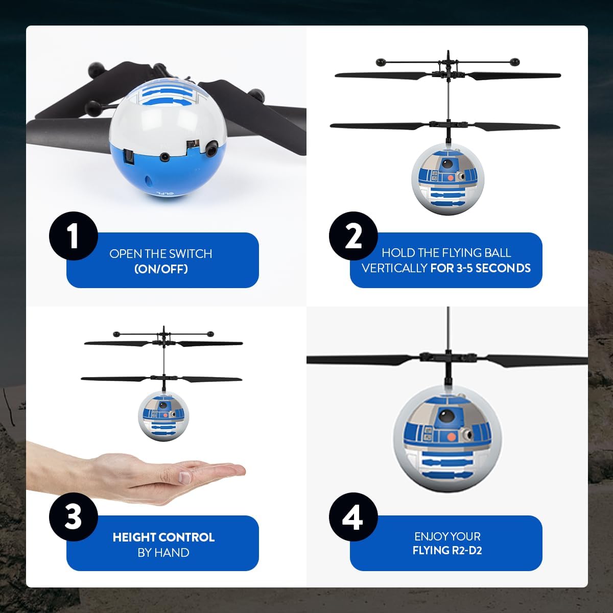 World Tech Toys Star Wars R2D2 Flying Toy – Motion Sensing Flying Ball with USB Charging - Star Wars Licensed - Indoor/Outdoor Drone for Kids Ages 6+