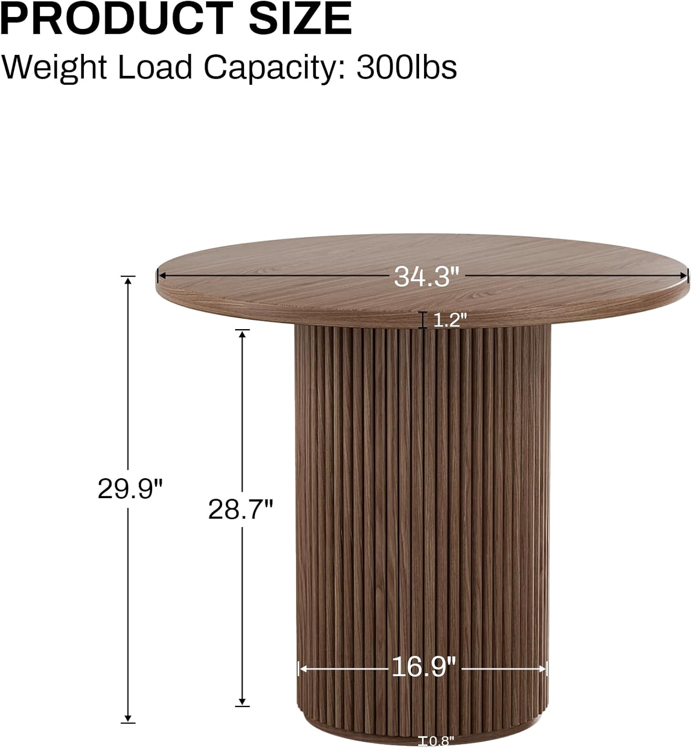 Rophefx Round Dining Table, 34.3" Modern Wood Kitchen Table for 2 to 4, Pedestal Circle Dining Tables, Fluted Dining Table for Leisure, Coffee, Kitchen, Dining Room φ34.3" x 29.9"H (Walnut Color)