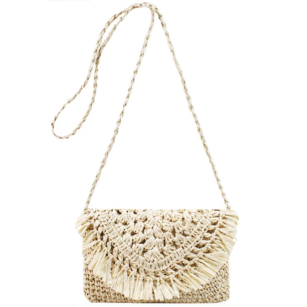 Van Caro Handwoven Cotton Straw Shoulder Bag Crochet Tassel Beach Bohemian Purse for Women