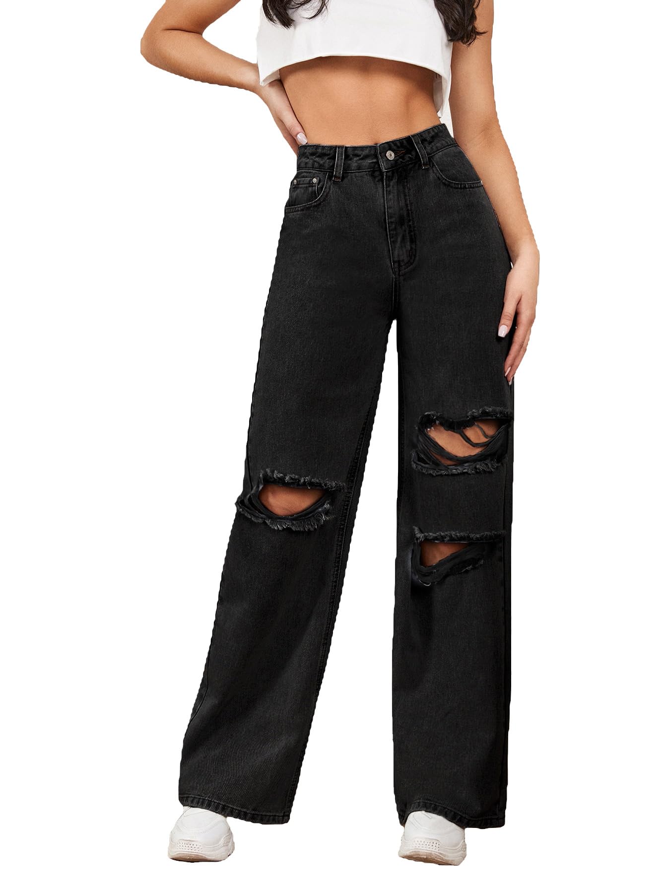 Aahwan Women's & Girls' Solid Ripped Denim High Waist Wide Leg Jeans Pants