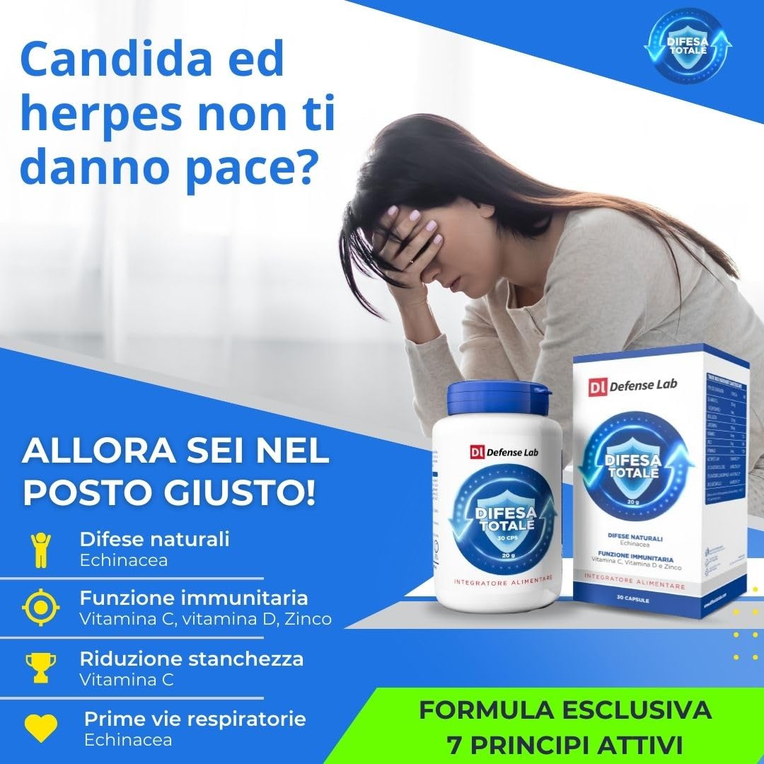 DIFESA TOTALE, Integratore Difese Immunitarie con Echinacea, Lattoferrina, Beta-Glucani, Zinco, Vitamine e Fermenti Lattici, Principi Attivi valutati in 23 mila Studi Scientifici