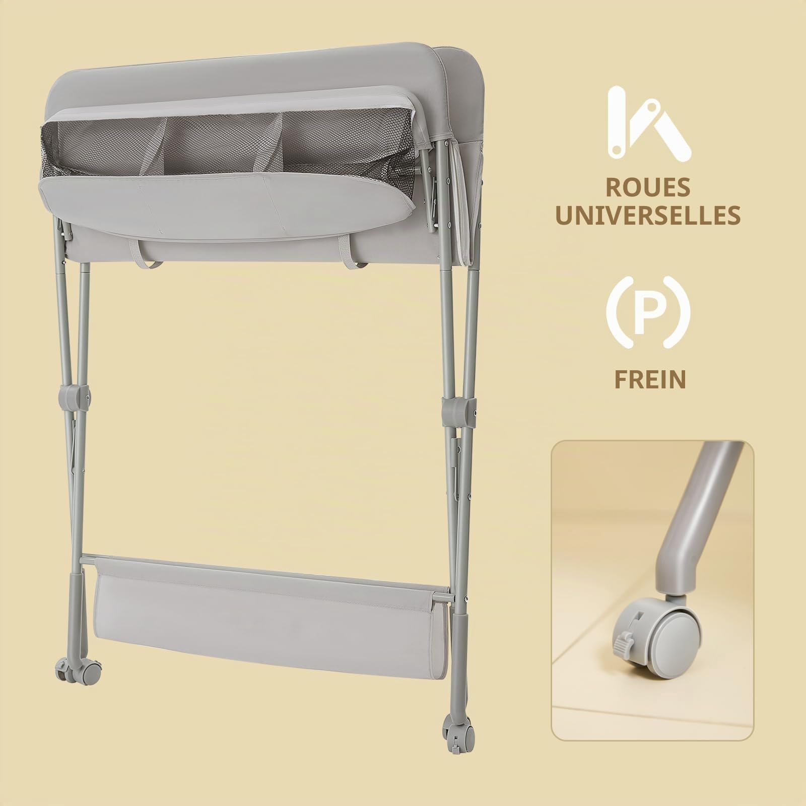 KARAOK Table à Langer bébé avec roulettes, Station à Langer portative avec réglage de la Hauteur à 4 Niveaux et Support de Rangement pour Nouveau-né, bébé (Gris Clair)