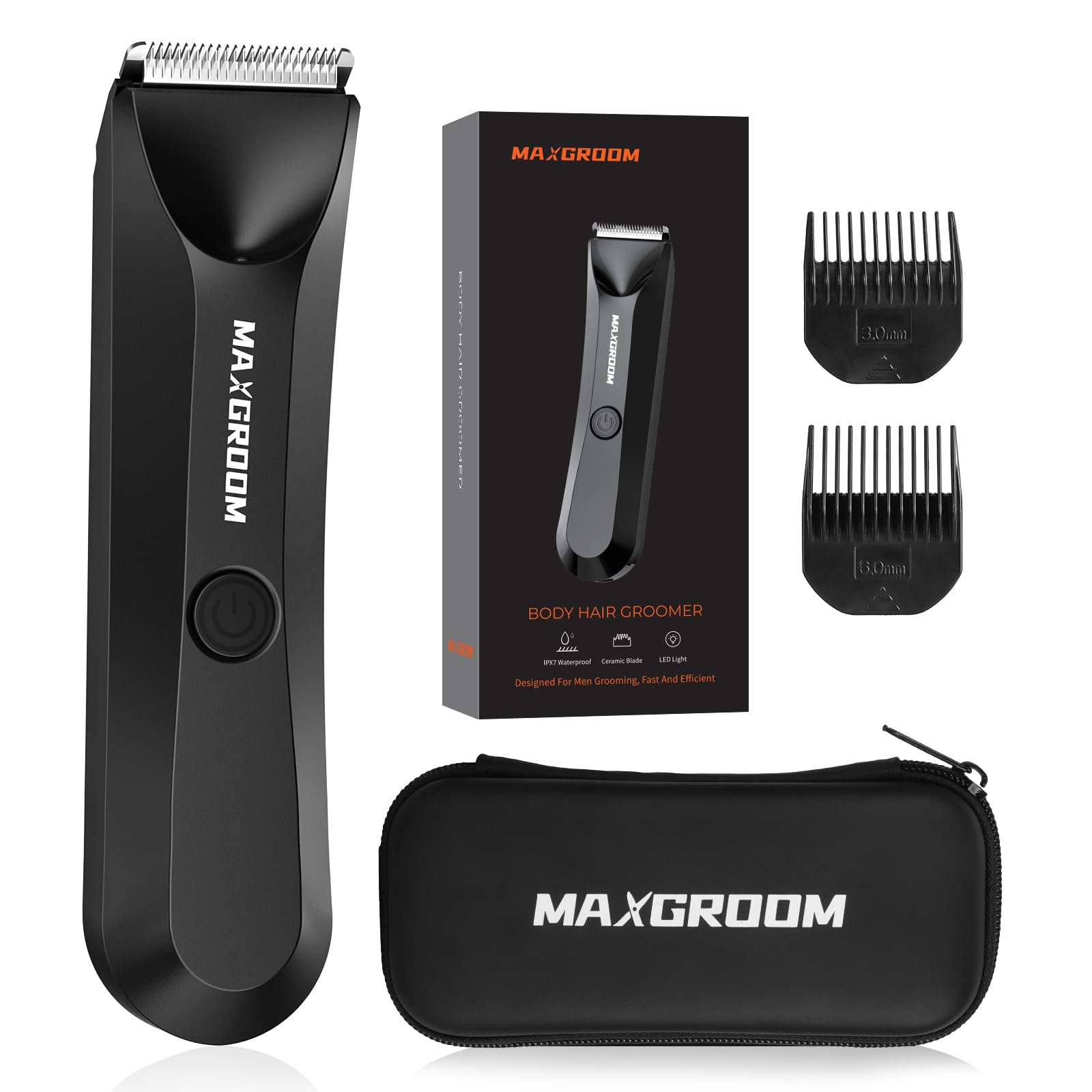 MAXGROOM Afeitadora Corporal Masculina, Depiladora Corporal Hombre con luz LED,apta para la ducha, para Barba, Axilas, Pechos, Piernas, Genitales y otras Zonas Intimas, Color Negro