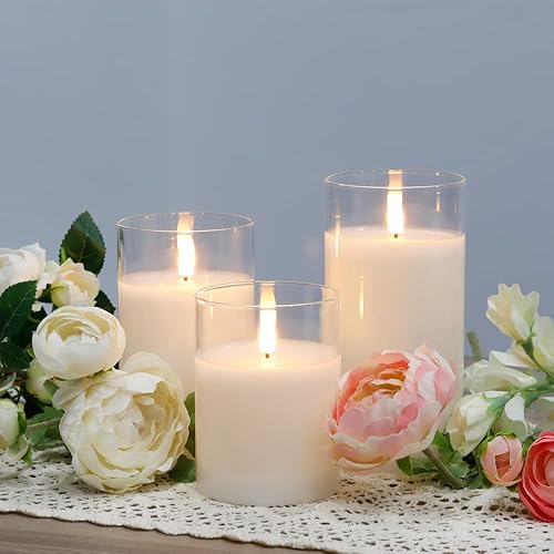 Miniatura 6 de JHY DESIGN Juego de 3 velas de cera de vidrio sin llama, velas LED 3D, velas parpadeantes de cera blanca con temporizador de control remoto de 8