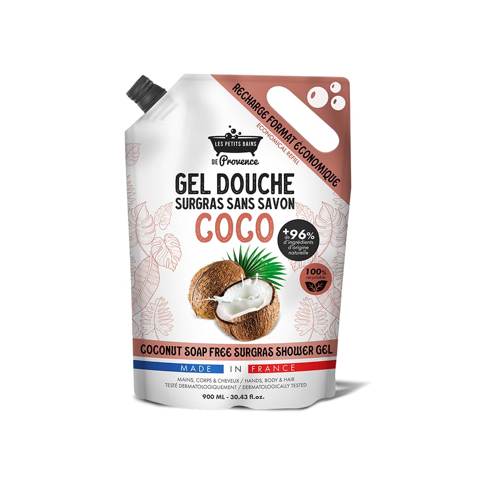 Les Petits Bains de Provence Recharge Gel Douche Coco 900 ml | Gel Douche Surgras sans Savon 96% Origine Naturelle | Mains Corps Cheveux | pH Neutre | Recharge...