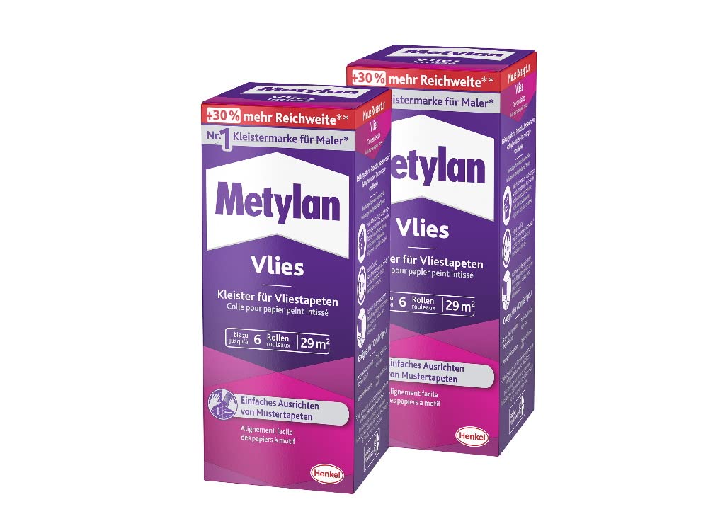Metylan Vlies, Tapetenkleister für Vliestapeten mit glatter oder strukturierter Rückseite, einfach zu verwendender Tapetenkleister, Kleister mit hoher Ergiebigkeit, 2x180g