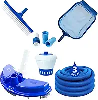 Kit Completo de Limpeza para Piscina, Aspirador Meia Lua, Peneira, Escova, Mangueira 3m e Acessórios
