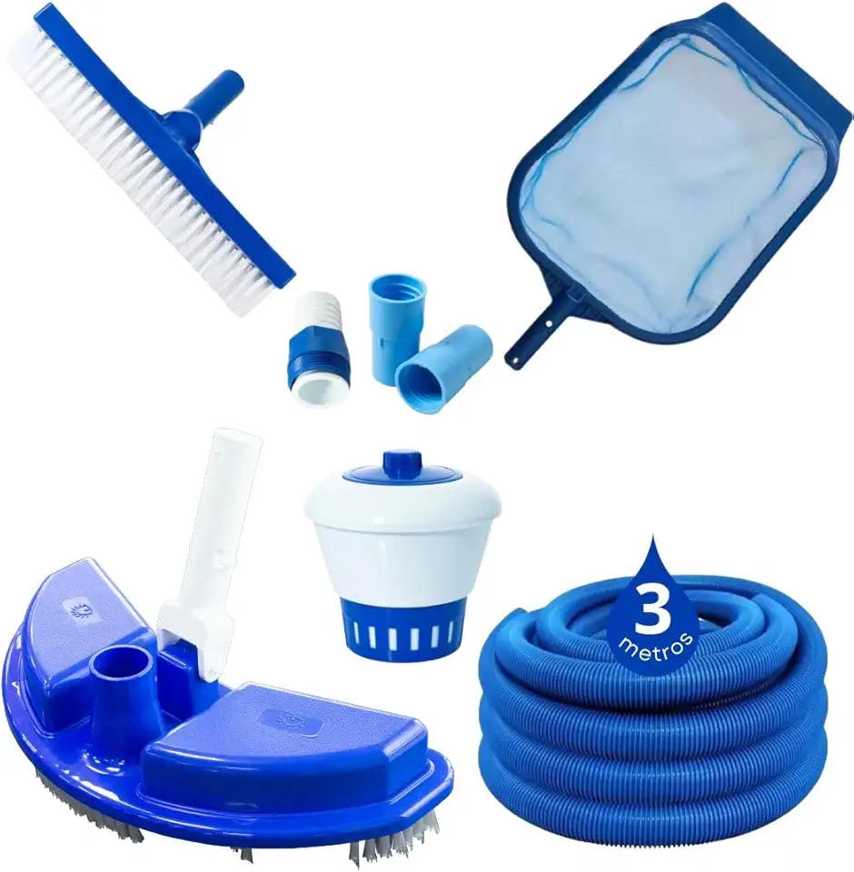 Kit Completo de Limpeza para Piscina, Aspirador Meia Lua, Peneira, Escova, Mangueira 3m e Acessórios