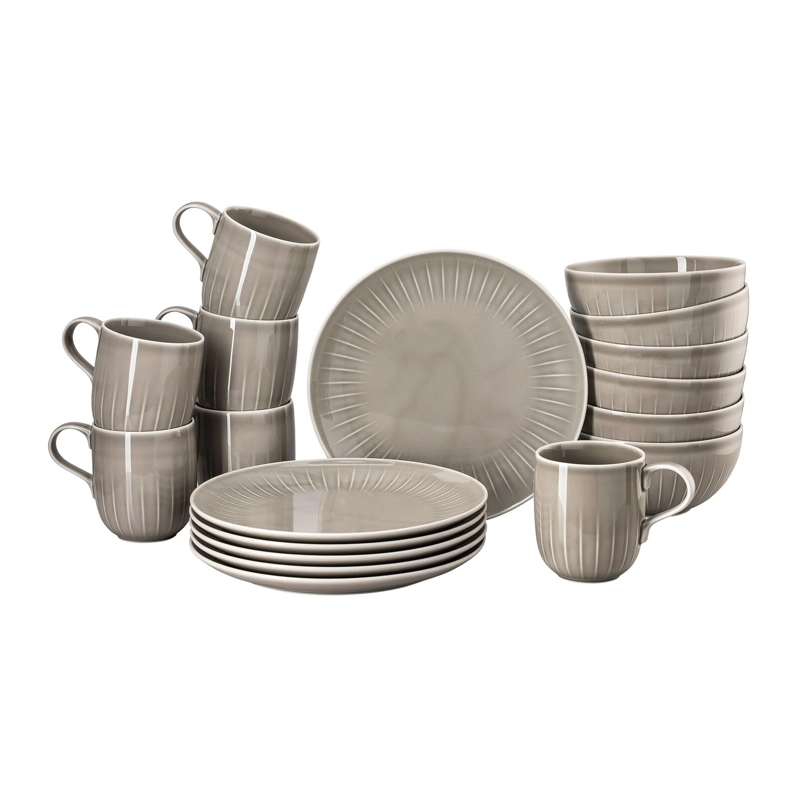 Rosenthal Joyn Grey - Juego de 18 vasos de gres, vajilla, servicio de café, platos de desayuno, vasos, cuencos, sopas, cereales, gris