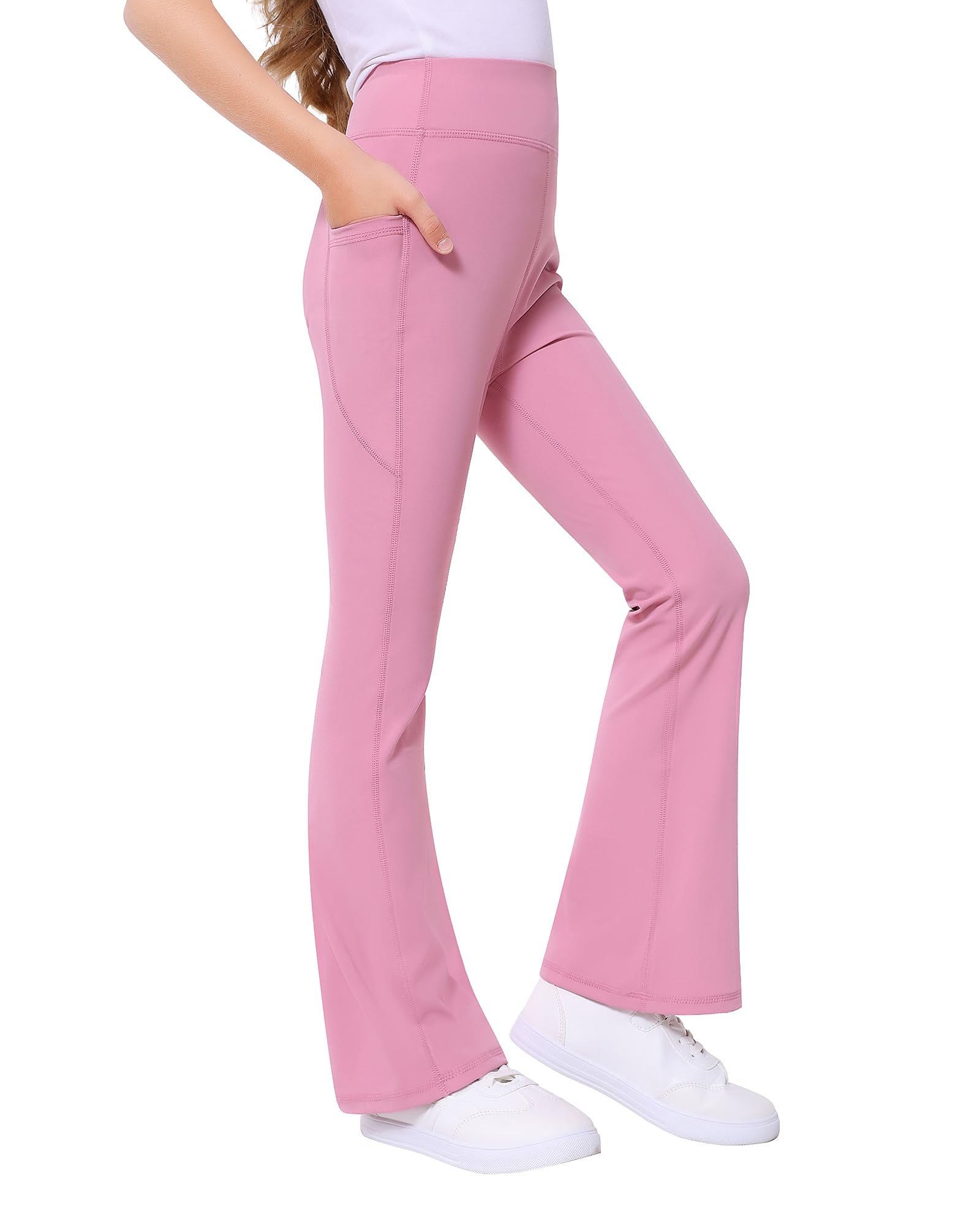 ANTLOOWW Sportleggings Mädchen Schlaghose Mädchen Sporthose mit 2 Taschen für Kinder Elastische Flared Leggings für Gymnastics Jogging,Training,Yoga