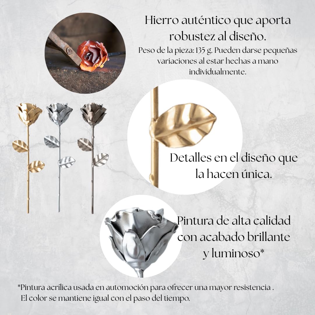 Forging Art Bcn® Rosa Eterna de Hierro Forjada a Mano - Regalo Día de la Madre, Sant Jordi, San Valentín, Bodas de Hierro (6 Aniversario) (Plata)