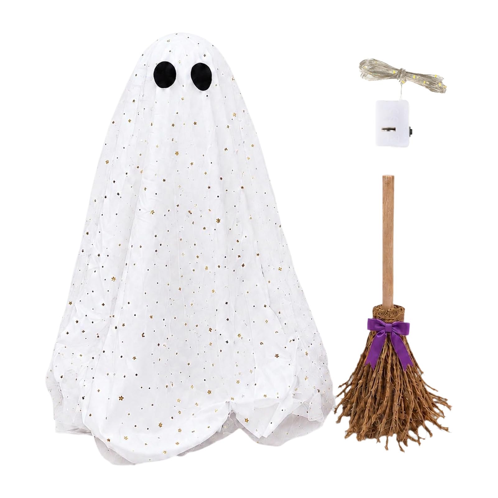 anwhriet Halloween Ghost Decoration with Broom, Spooky Sequins Mesh White Ghost, Cute Adjustable Standing Ghosts for Halloween Party, Home, Table, Fireplace, Kitchen Decor B