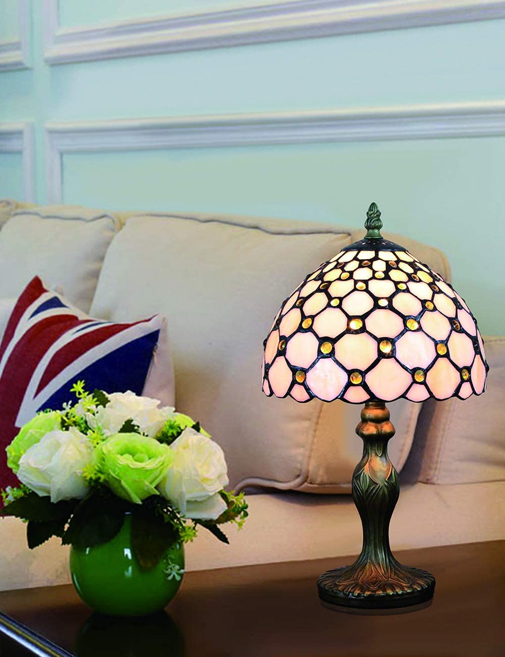 Tischlampe kleine im Tiffany Stil,Vintage Nachttischlampe,Schlafzimmer Fensterbank Deko Lampe,Jugendstil Tischleuchte,Beige Buntglas Lampenschirm 20cm / 8 Zoll mit LED E14 Birne