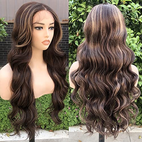 X-TRESS X-Tress HighLight Lace Front Wig 26'' Long Wavy Hair Synthetic 13x4x1 Pre-Plucked Baby Hairline T Part Middle Part Natural Looking (TT4/27)