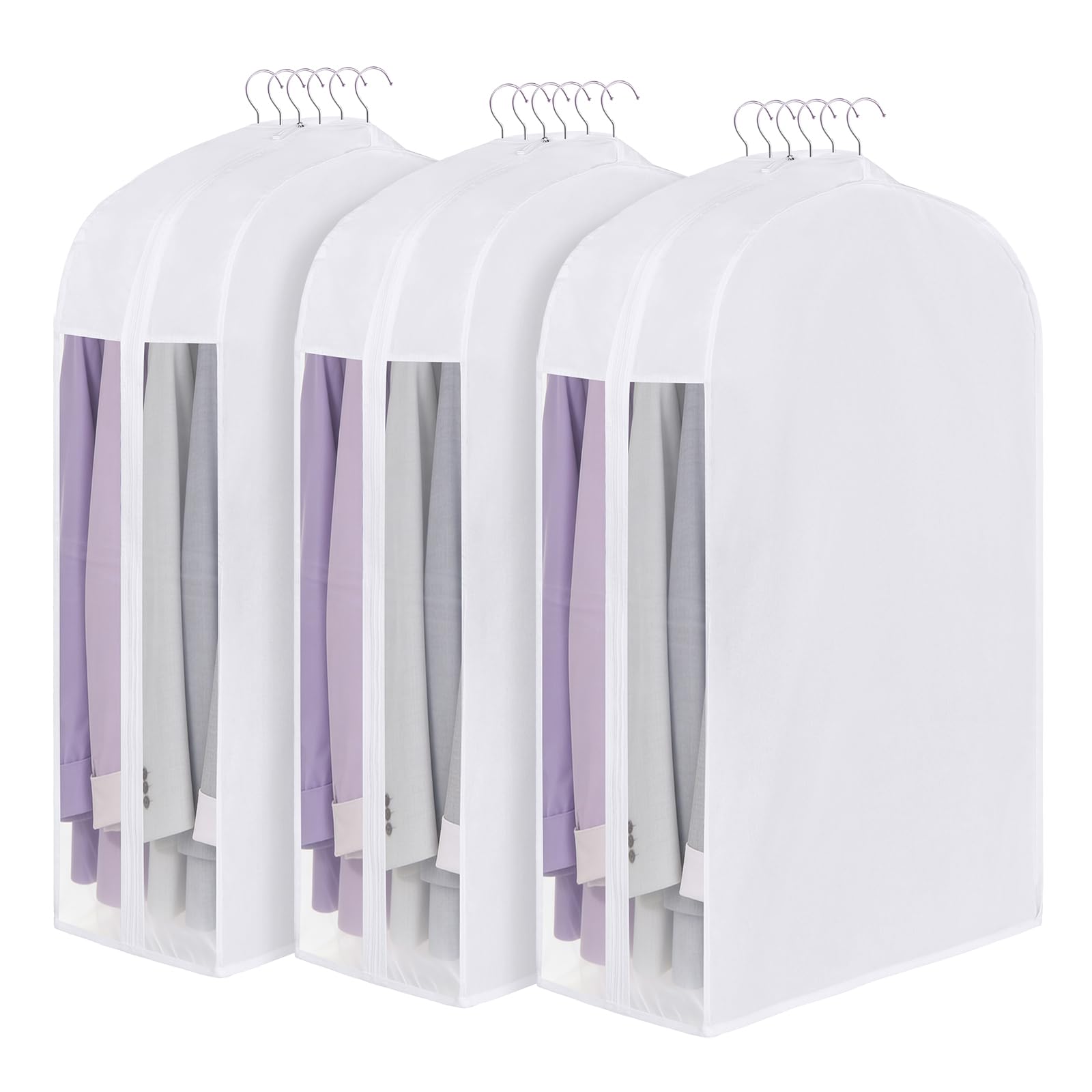 Syeeiex Hochwertiger Baumwoll-Kleidersack für Kleidung und Aufbewahrung, 80 cm Atmungsaktiv Kleidersack Anzug 25cm Zwickel & klares Fenster, 3x Hängende Kleidersäcke für Anzüge, Jacken, Pullover