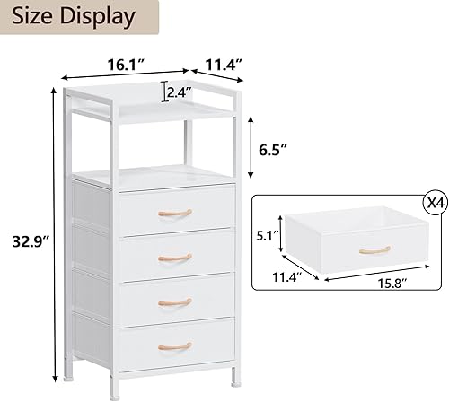 Miniatura 3 de Furnulem Mesita de noche blanca para dormitorio, cómoda pequeña con 4 cajones de tela, mesa auxiliar vertical torre de almacenamiento para armario,