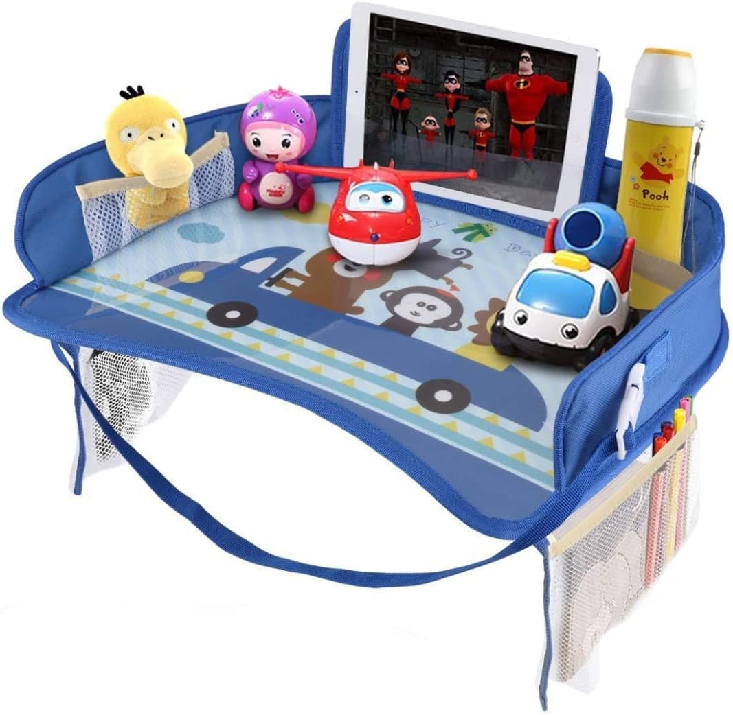 Kids Travel Tray Car Seat Activity and Play Tray Organizer for Children and Toddlers Lap Desk with Tablet Phone Holder Waterproof and Foldable - Blue