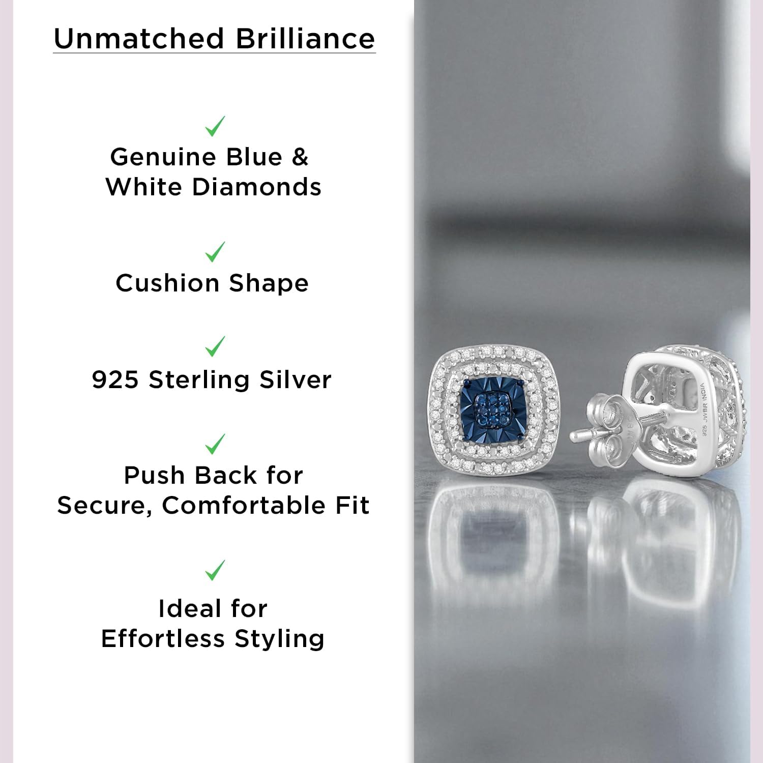 Jewelili 925 Sterling Silver Stud Earrings for Women | 1/4 CTW Diamonds | Choice of Heart, Cushion, Pear or Round shape in Black, Blue, or White Diamonds | Push Back Post | Fine Jewelry