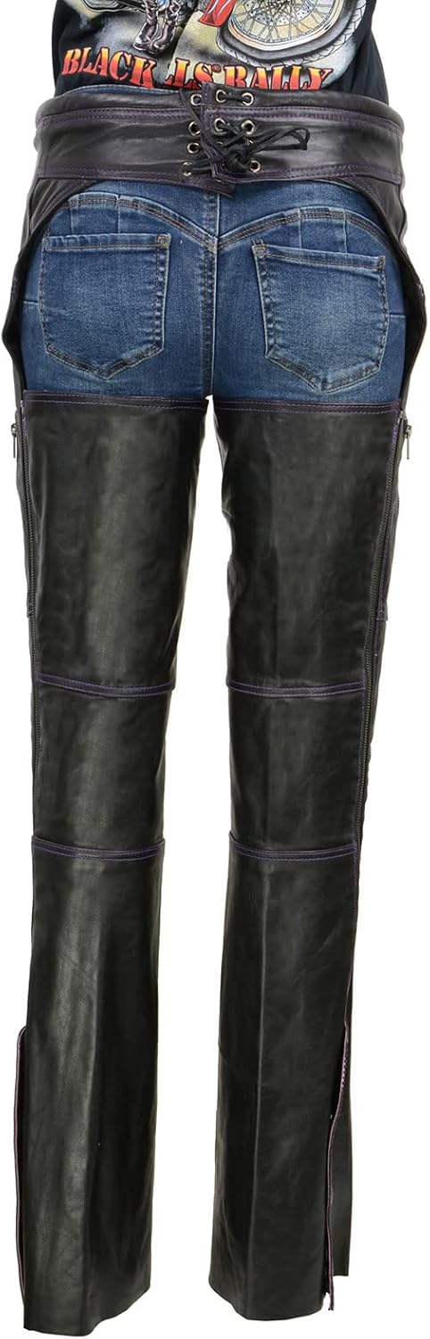 Milwaukee Leather Chaps for Women Black and Purple Premium Skin Laser Cut Accent Stitching Motorcycle Chap- MLL6525