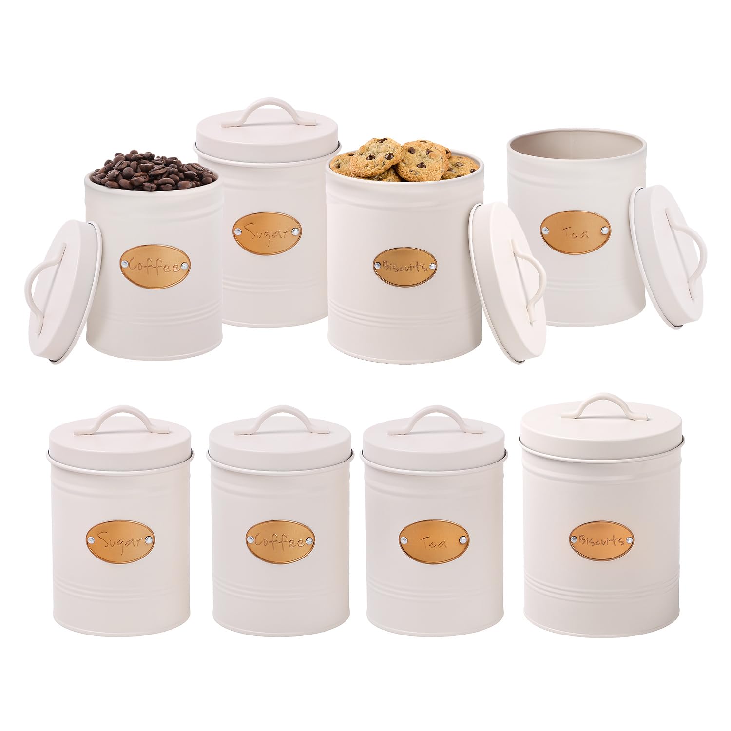 Daniel James Housewares Cream Kitchen Canister Set 4 Piece Airtight Storage Tins, Tea, Coffee, Sugar & Biscuits, Round Kitchen Storage Canister Jars Tin,