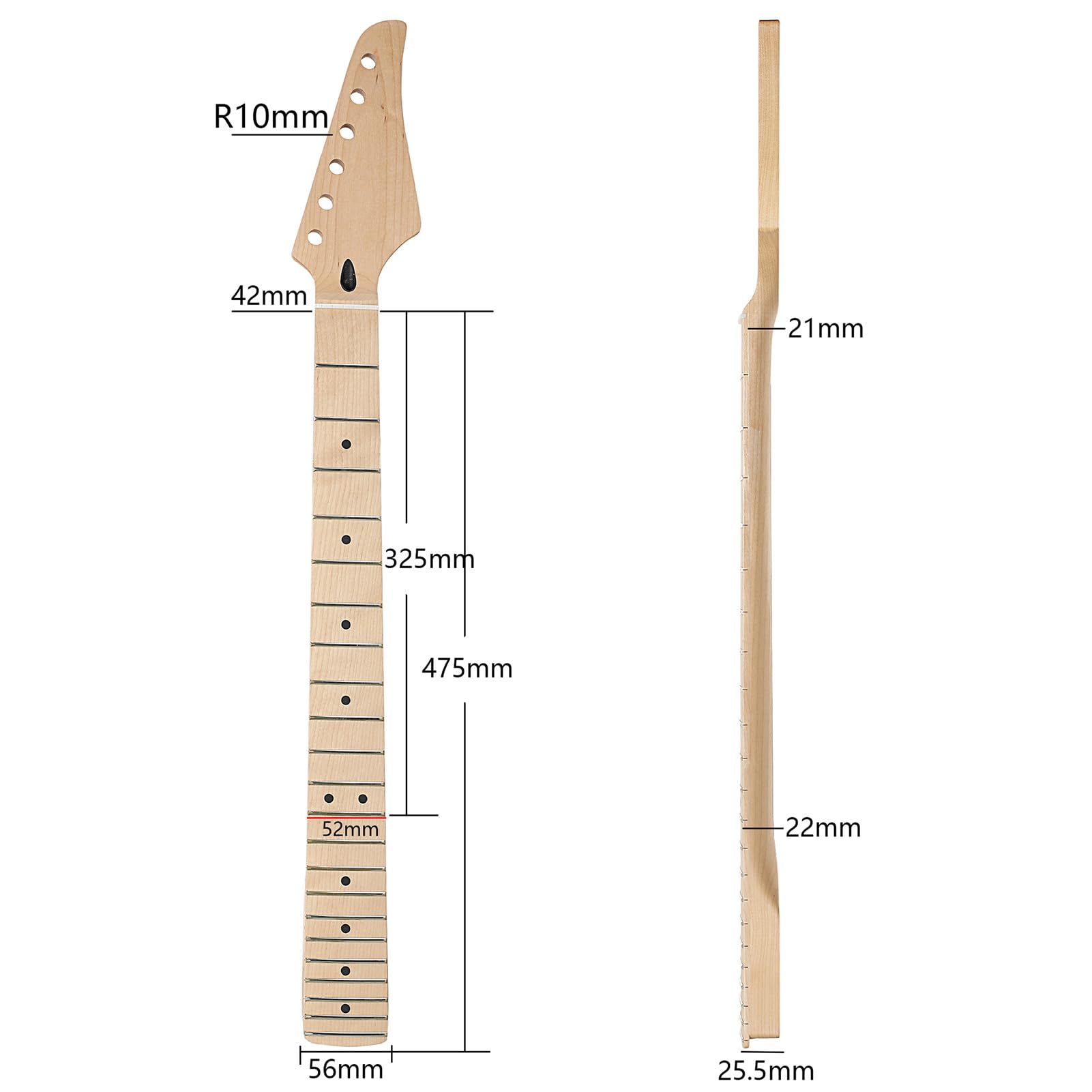 Fockety Manico per chitarra elettrica di ricambio ST, truss rod a doppia azione, tastiera in acero per mano destra, 22 tasti, capotasto in osso, fori di accordatura preforati da 10 mm