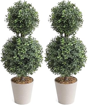 momoplant Artificial Topiary Double Ball Trees 24 Inch Fake Greenery Plants Ball Topiary Tree for Porch,Home,Garden Decor Set of 2