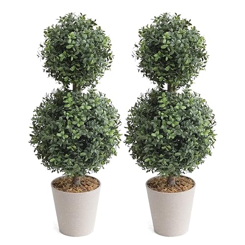 momoplant Artificial Topiary Double Ball Trees 24 Inch Fake Greenery Plants Ball Topiary Tree for Porch,Home,Garden Decor (Set of 2)