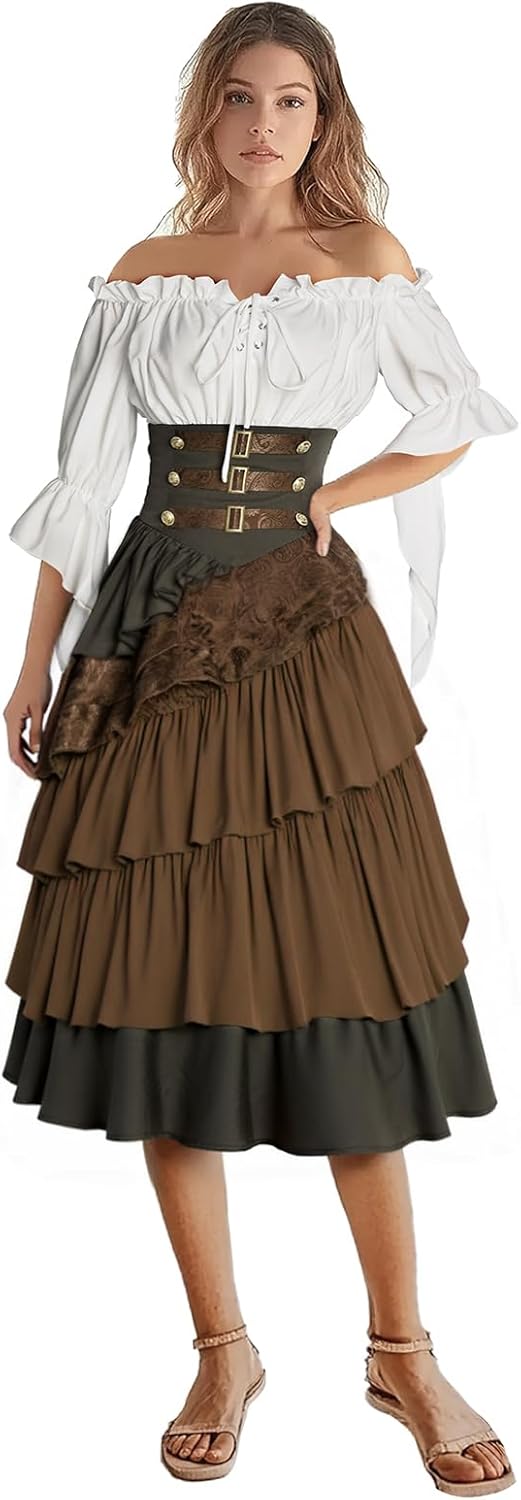 Women's Pirate Costume Retro Renaissance Cosutmes Women Layered Ruffle Viking Outfit Set - Image 3