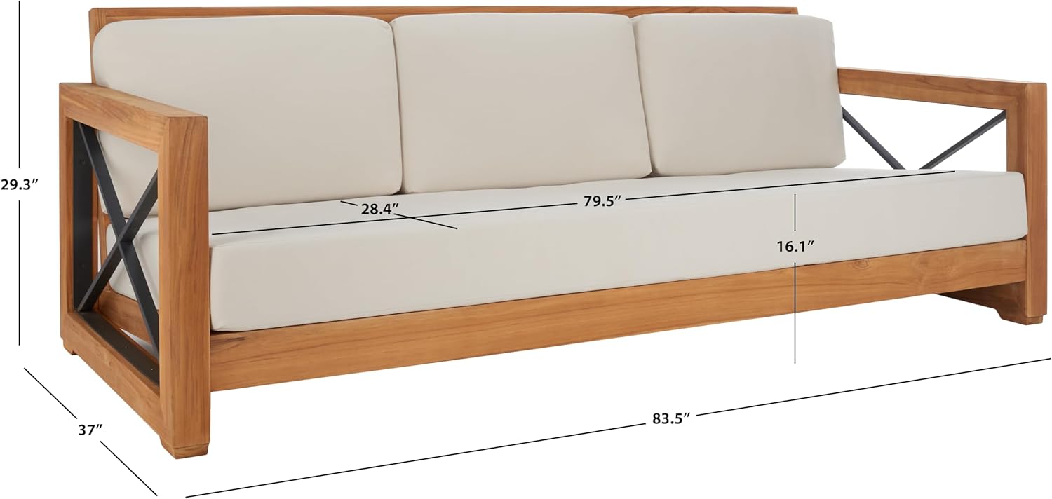 SAFAVIEH Couture Outdoor Patio Furniture Collection – Curacao 3-Seat Patio Sofa, Brazilian Teak Wood Frame with Removable White Cushions, Modern Outdoor Seating (CPT1010A)