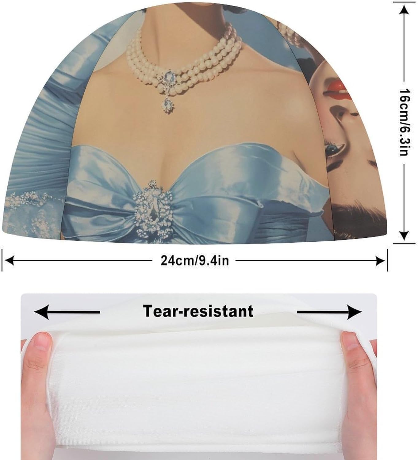 Vintage Women Magazine Blue Dress Womens Swim Cap for Men Adult Swimming Hat Curly Short Medium Long Hair