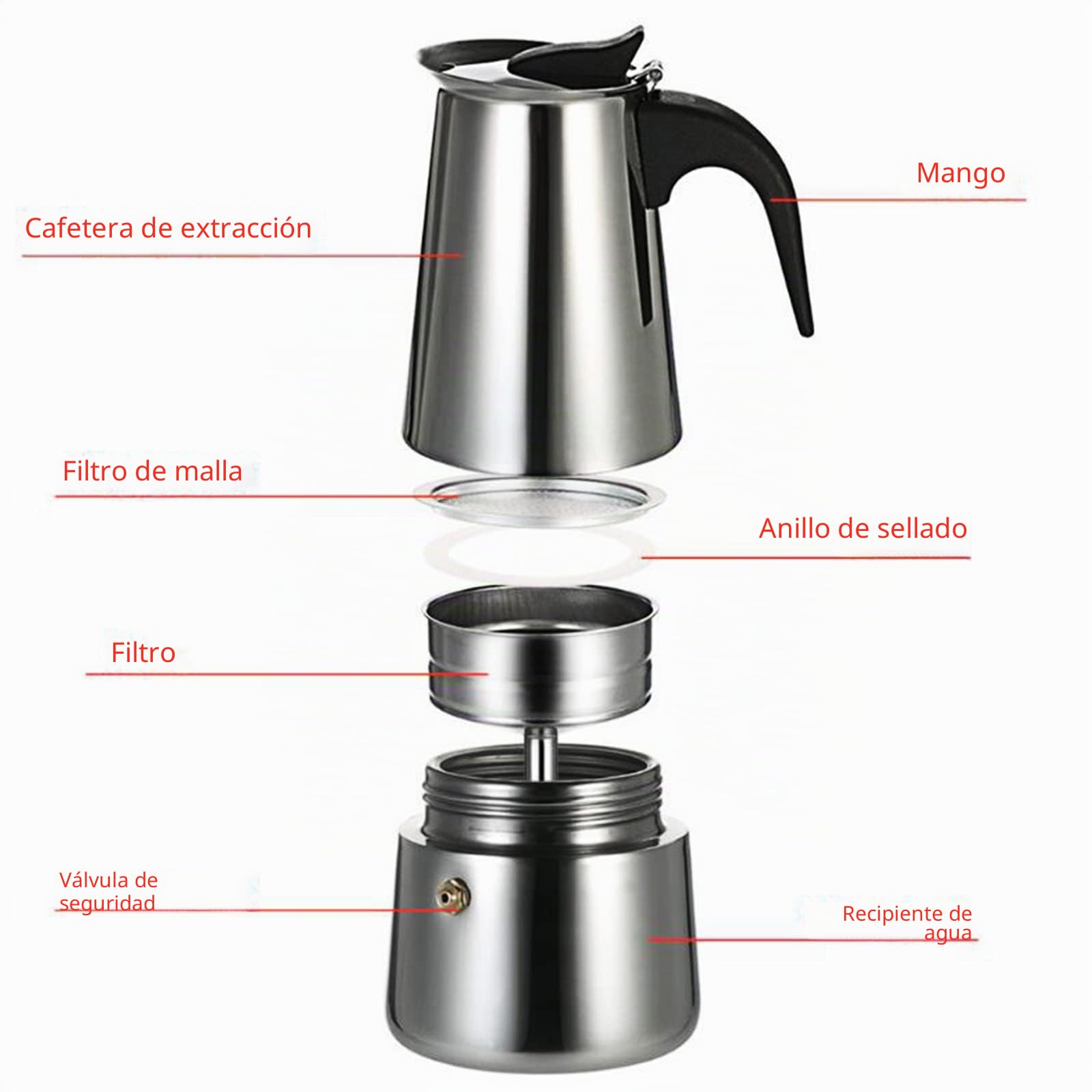 Cafetera Eléctrica de Acero Inoxidable, Espresso y Moca, para Trabajo y Reuniones Familiares, 220 V (4 Tazas de 200 ml)