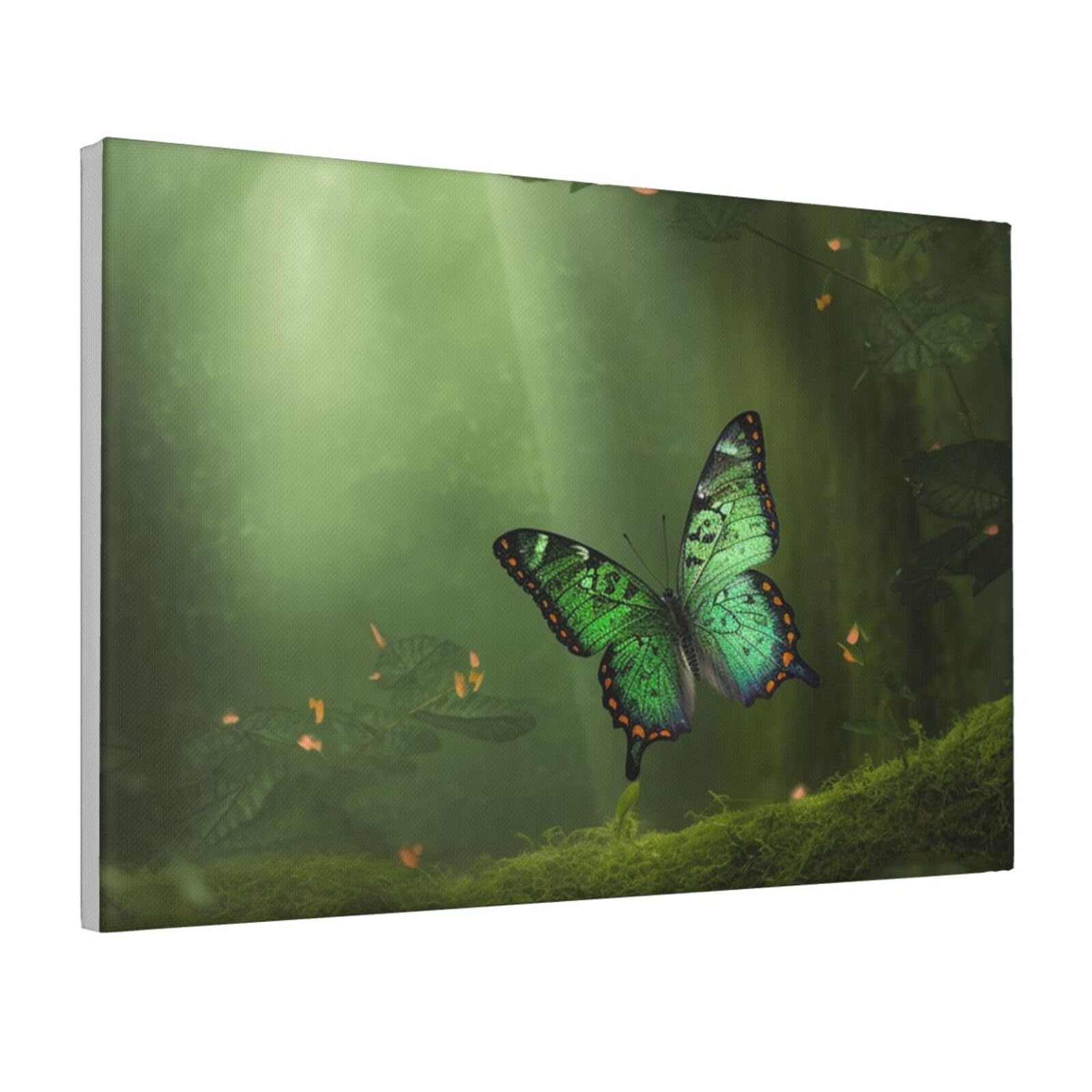 Framed Wall Art for Living Room Art Work, Green Forest Butterfly Picture Prints Modern Office Wall Paintings Poster Aesthetic Wall Decorations for Home Decor Ready To Hang 16"x24"