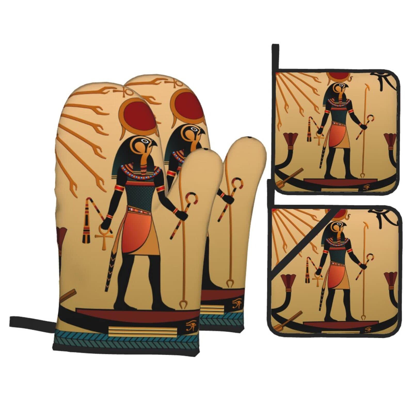 Sun Old Egyptian Timeless Grace Print Kitchen Baking Four Piece Set of Heat Resistant Thick Cotton Oven Mitts for Cooking, Baking and Grilling