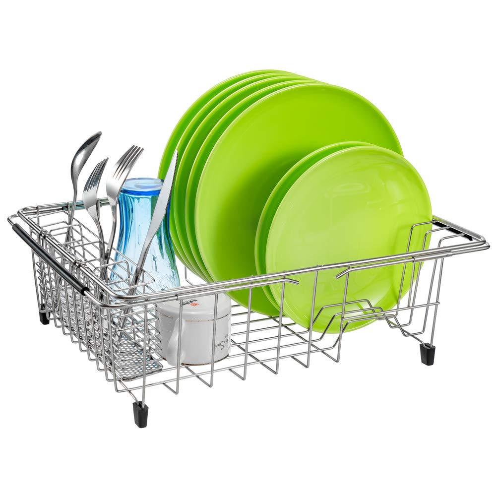 SANNO Escurridor de platos expandible, escurridor de platos grande con soporte de cubiertos de 4 divisiones, escurridor de platos en el fregadero en el mostrador, acero inoxidable