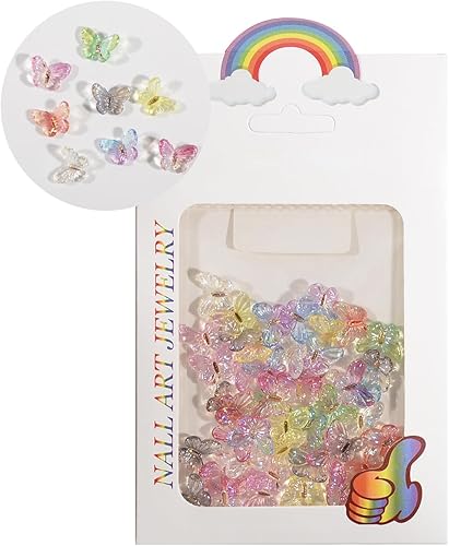 WEILUSI 50 dijes de resina de mariposa para uñas acrílicas 3D con parte trasera plana, bonitos dijes de uñas de diamantes de imitación de mariposa