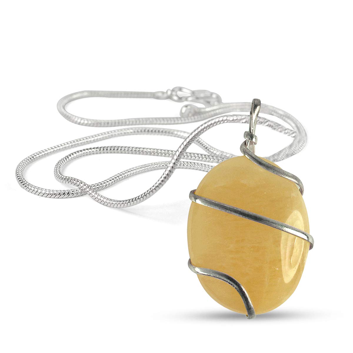 Natural Citrine Oval Wire Wrapped Crystal Stone Pendant with Metal Chain Size 30-35 mm-image-16