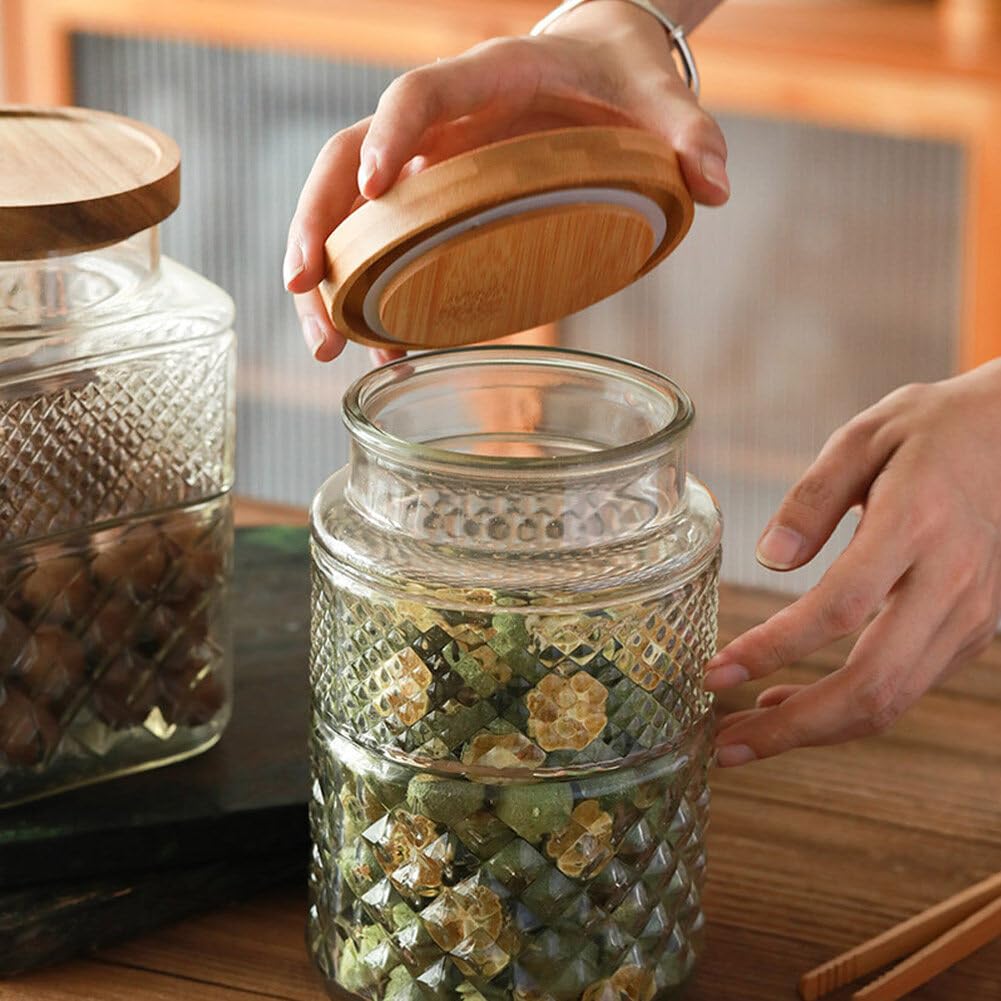 Confezione da 2 barattoli grandi in vetro vintage goffrato, contenitori per alimenti e cereali, con coperchio ermetico in bambù per caramelle, snack, caffè, tè e cereali
