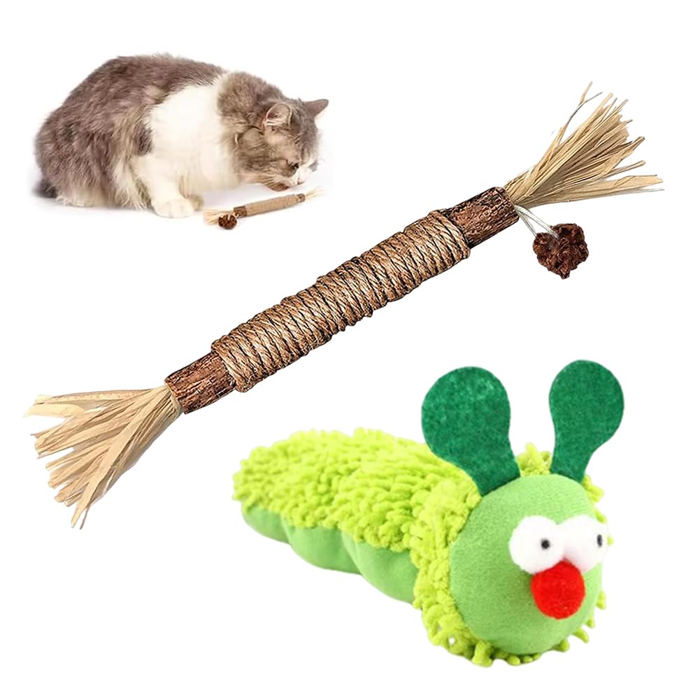 VorPrillynt Cat Silvervine Chew Sticks, Plush Catnip Toys for Cats, 2 PCS Catnip Toys, Cat Chew Toy for Teeth Cleaning Bite-Resistant Plush Caterpillar, for Indoor Kitten Teething and Stress