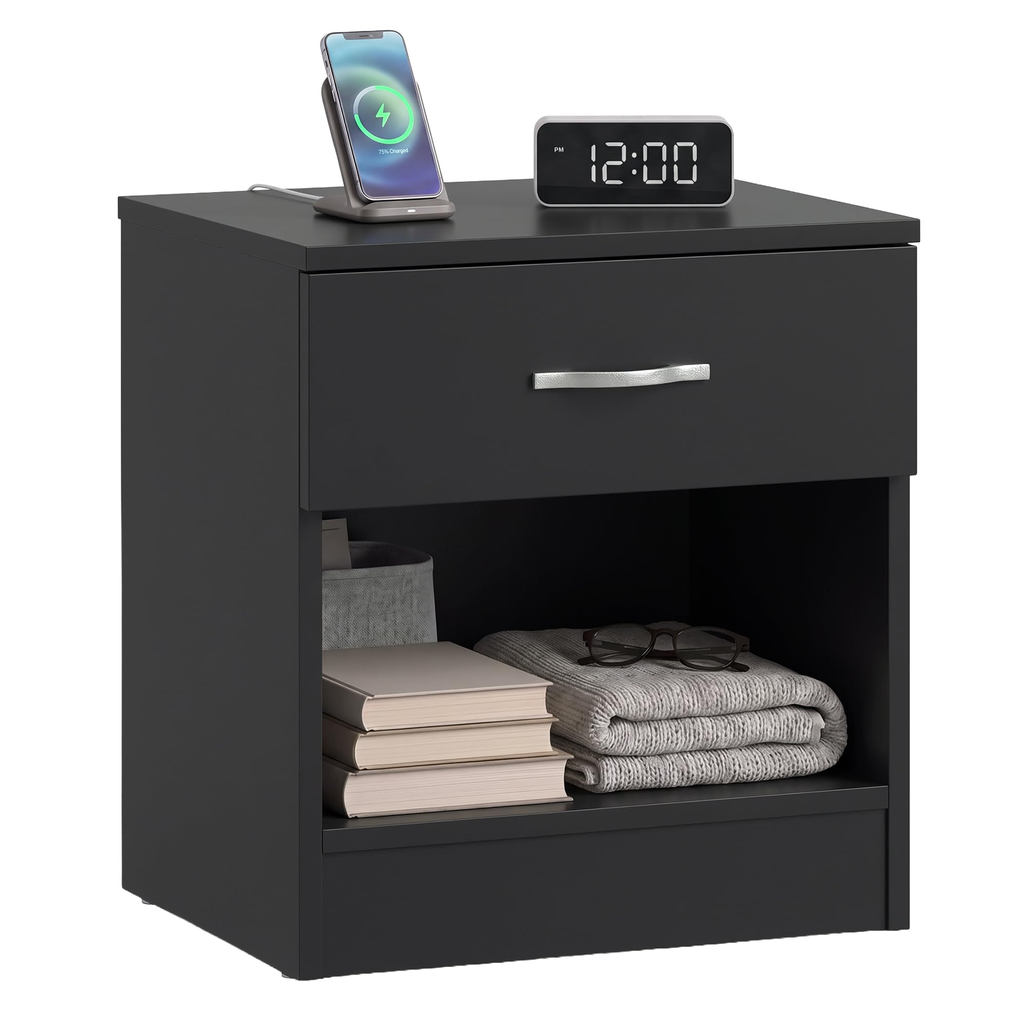 Vida Designs nero comodino, 1 cassetti con maniglie in metallo e corridori, sistema unico con guide, Riano mobili per camera da letto