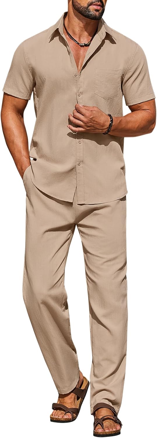 COOFANDY Men's Linen Sets 2 Piece Outfits Casual Short Sleeve Button Down Shirts and Pants Summer Beach Vacation Outfits