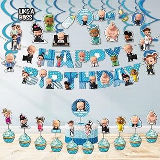 Festiko® Boss Baby Birthday Decorations,Baby Boss Party Supplies Set Pack of 30 pcs ,Baby Party Supplies, Children Carnival Party Supplies Decoration - Banner,Swirls,Cake Topper,Cup Cake Topper