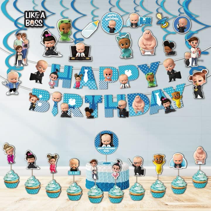 Festiko® Boss Baby Birthday Decorations,Baby Boss Party Supplies Set Pack of 30 pcs ,Baby Party Supplies, Children Carnival Party Supplies Decoration - Banner,Swirls,Cake Topper,Cup Cake Topper