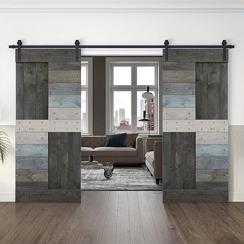 TMS N Series - Puerta corrediza doble de madera de pino anudada con kit de herrajes deslizantes (36 x 84 pulgadas, gris multicolor)