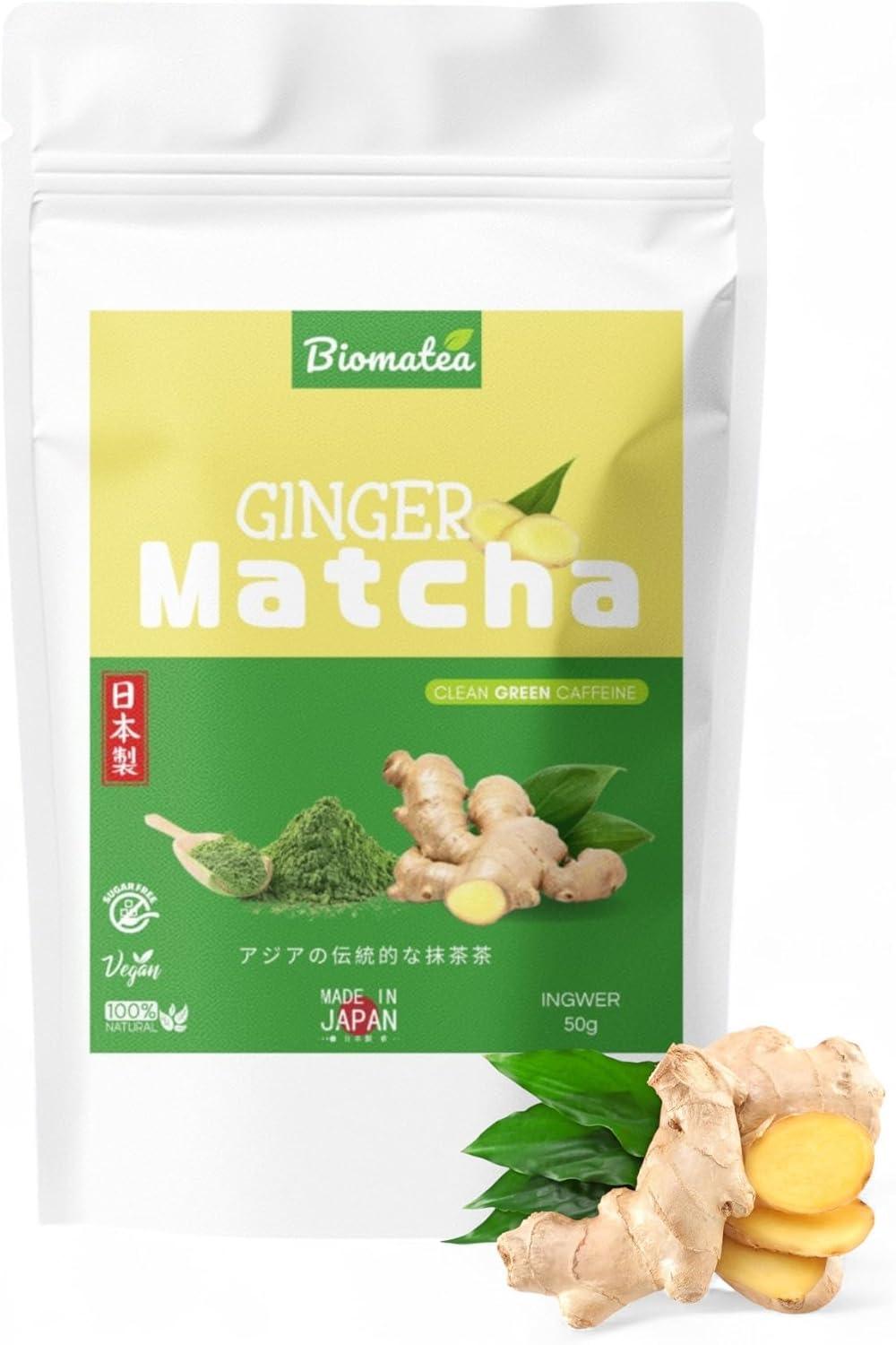 Biomatea Matcha Ingembre Tea 50g – Ceremonial Quality from Japan – Premium Green Tea with Ginger Japanese Ginger Powder – First Harvest, Superfood, Vegan, Sugar Free