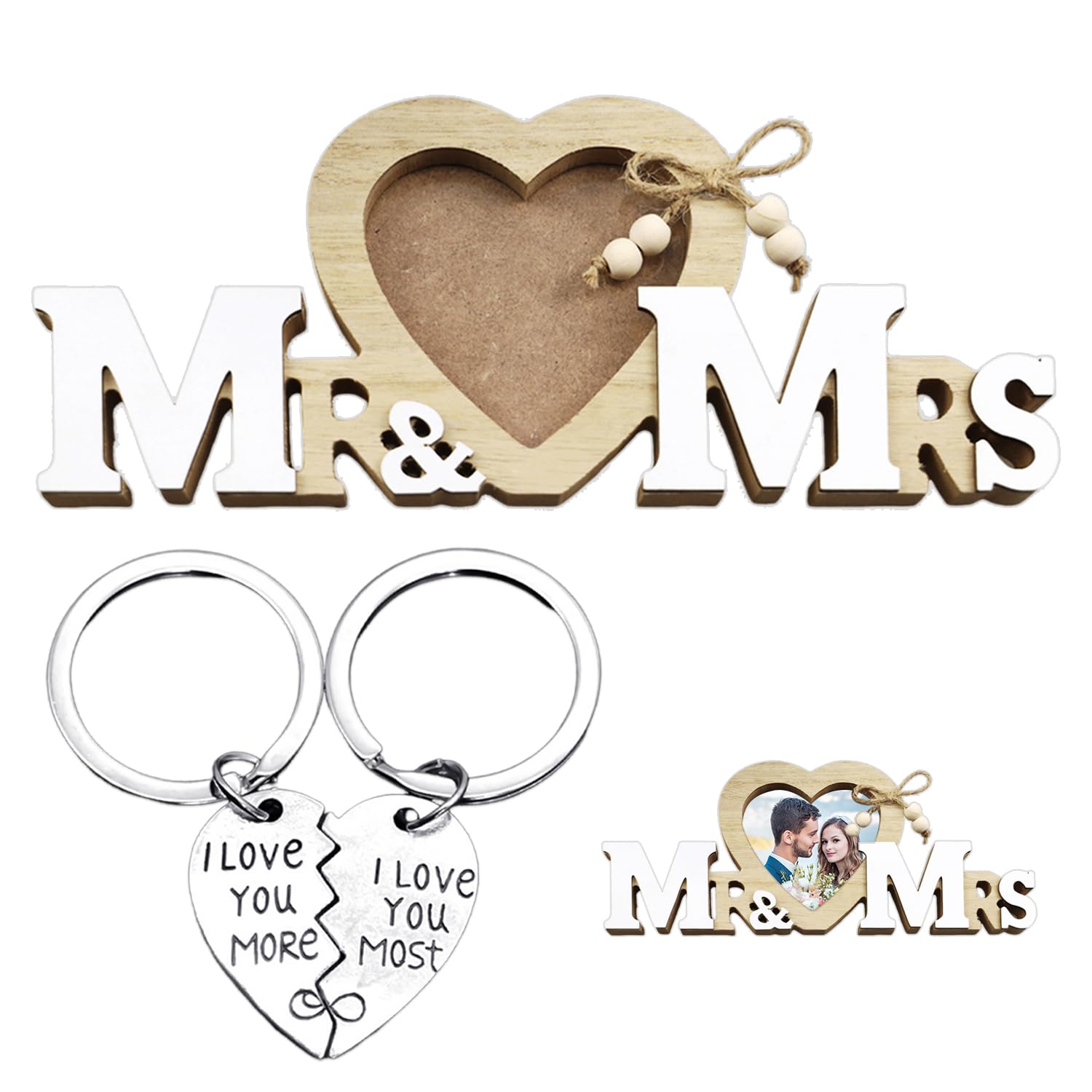 1 Photo Frame Ornament, 1 Pair Of Love Key Rings, Mr & Mrs Heart-Shaped Photo Frame Ornaments, Photo Frame Crafts, Heart-Shaped Couple Photo Frame, Suitable For Home And Wedding Decoration