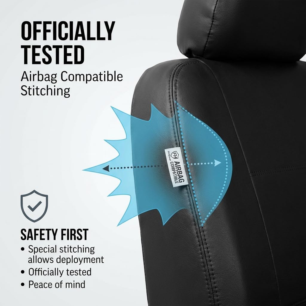 FH Group PU309115 Built-in Seat Belt Compatible PU Leather Seat Covers (Black) Full Set – Universal Fit for Cars Trucks & SUVs