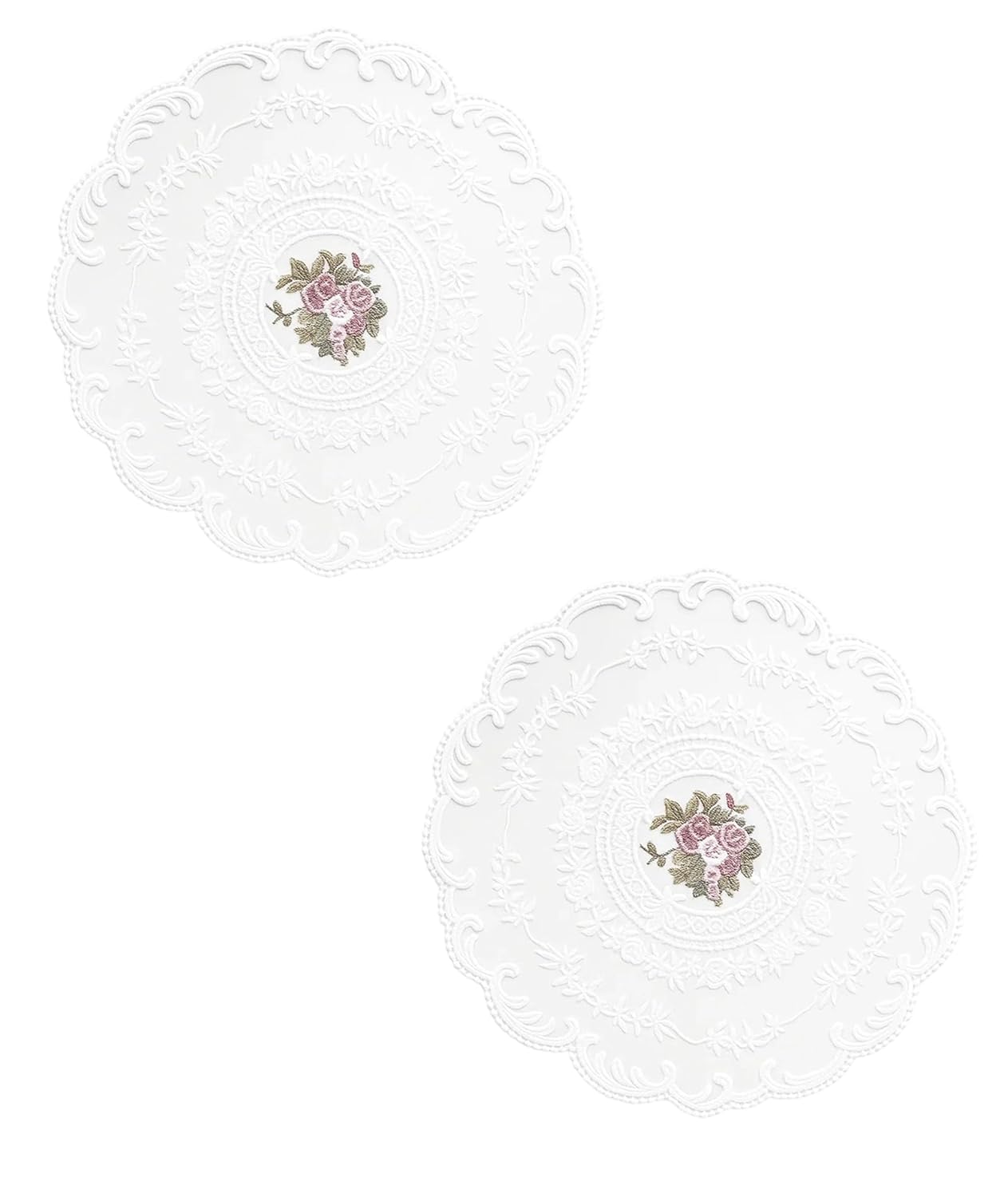 2 Pcs Crochet Table Cloth, Vintage Lace Table Mat for Dining Tables, Round Crochet Mat for Small Table, Side Tables, Pink Lace Fabric for Home Decor (White)